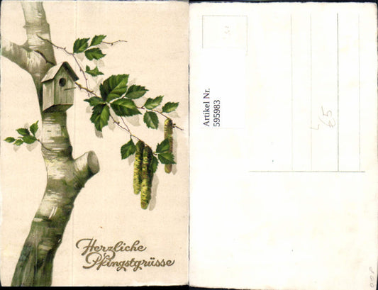 595983,Litho Pfingsten Birke Baum Stamm Vogelhaus Goldschrift