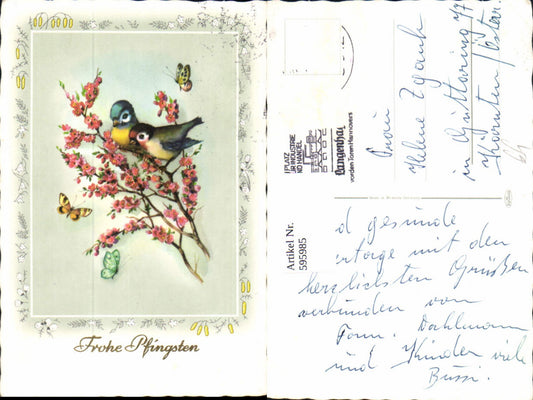 595985,Pfingsten Vögel a. Blütenzweig Schmetterlinge Blumen Passepartout
