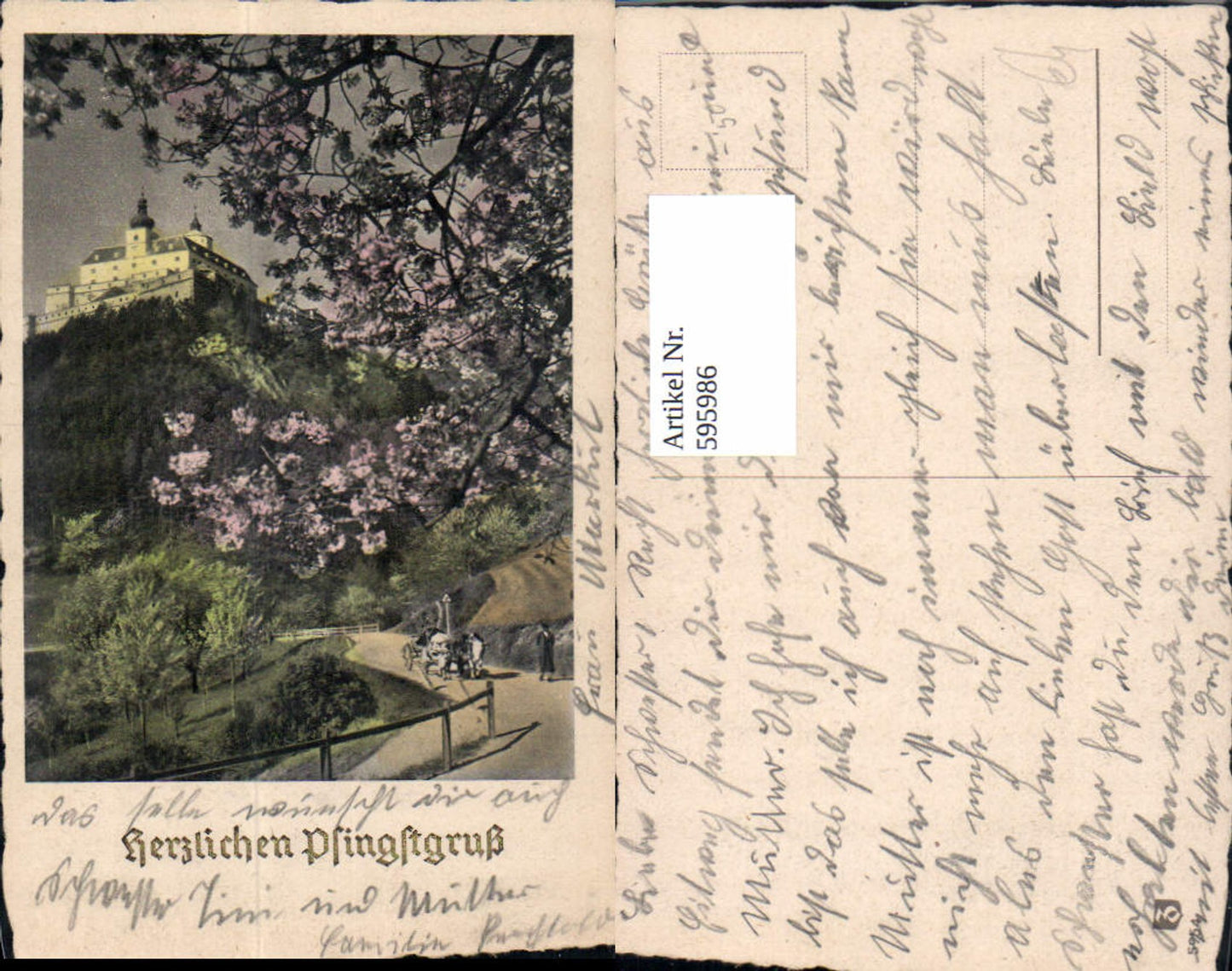 595986,Pfingsten Burg Schloss Landschaft Rinder Kühe Gespann Goldschrift