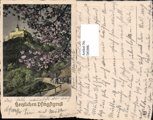 595986,Pfingsten Burg Schloss Landschaft Rinder Kühe Gespann Goldschrift