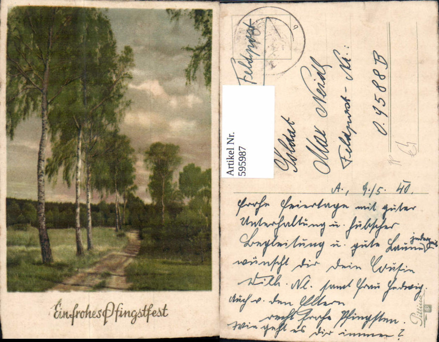 595987,Künstler Ak Pfingsten Bäume Birken Landschaft Goldschrift Feldpost O. 9588 B