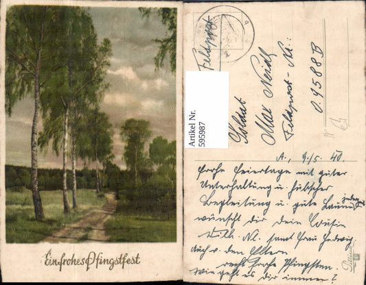 595987,Künstler Ak Pfingsten Bäume Birken Landschaft Goldschrift Feldpost O. 9588 B