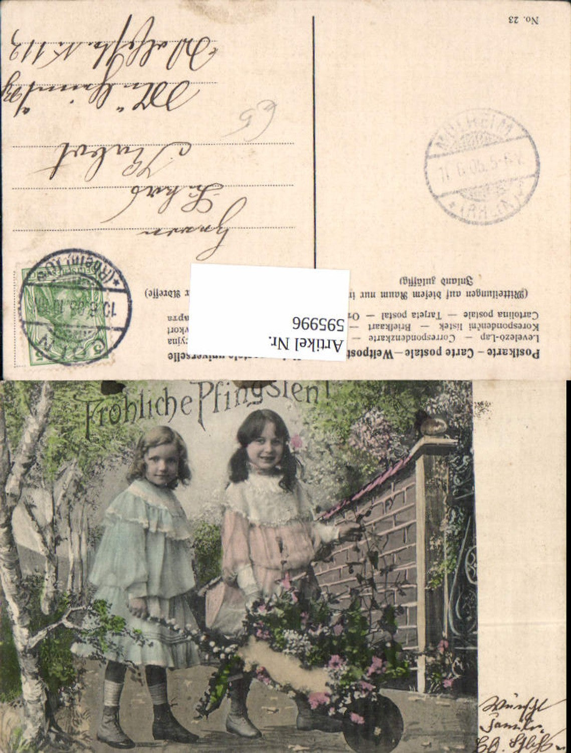 595996,Pfingsten Mädchen m. Schubkarre Scheibtruhe Blumen Birken Bäume