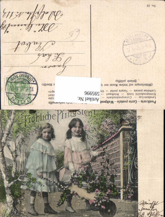 595996,Pfingsten Mädchen m. Schubkarre Scheibtruhe Blumen Birken Bäume
