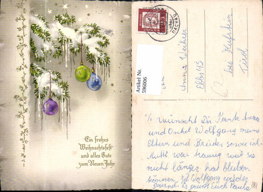 596006,Weihnachten Weihnachtskugel Tannenzweig Schnee Goldschrift
