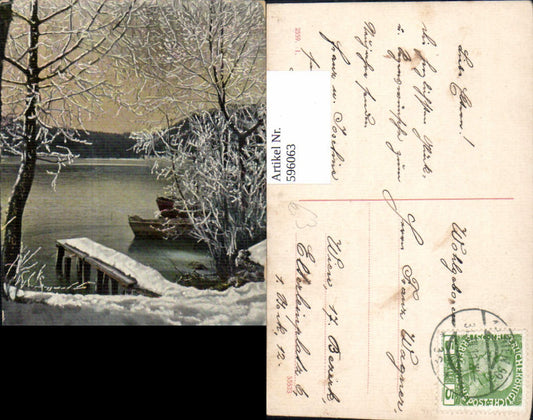 596063,Weihnachten Landesteg Boote Winterlandschaft See