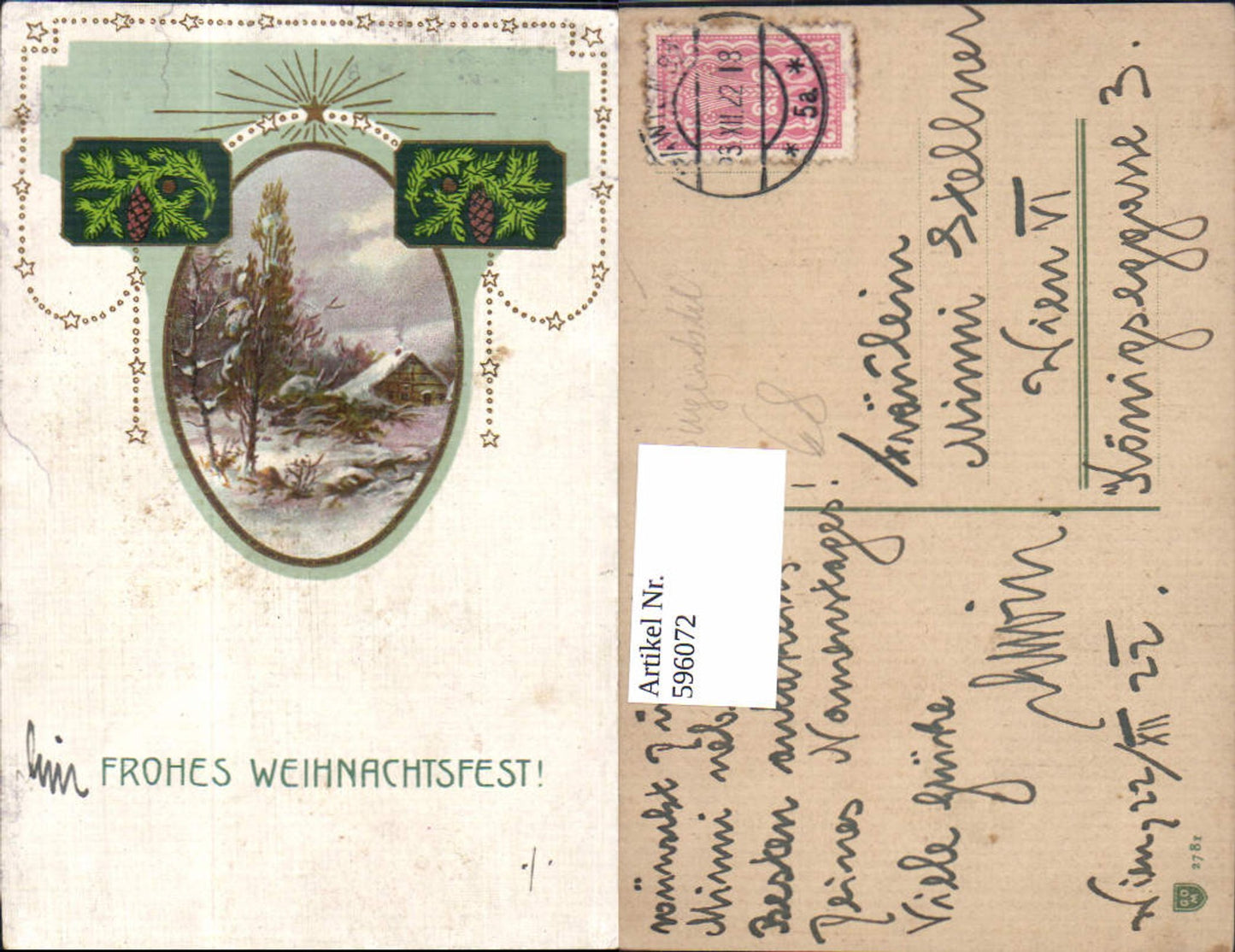 596072,Künstler Ak Jugendstil Weihnachten Winterlandschaft Stern Tannenzweig Zapfen Passepartout