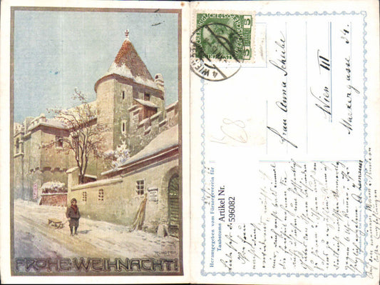 596082,Künstler Ak R. Moser Weihnachten Bub Junge m. Schlitten Stadt Kirche i. Winter