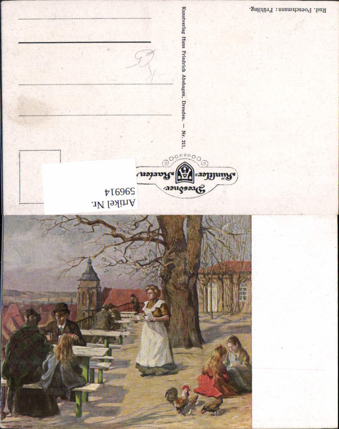 596914,Künstler Ak Rud. Poeschmann Frühling Gastgarten Hühner
