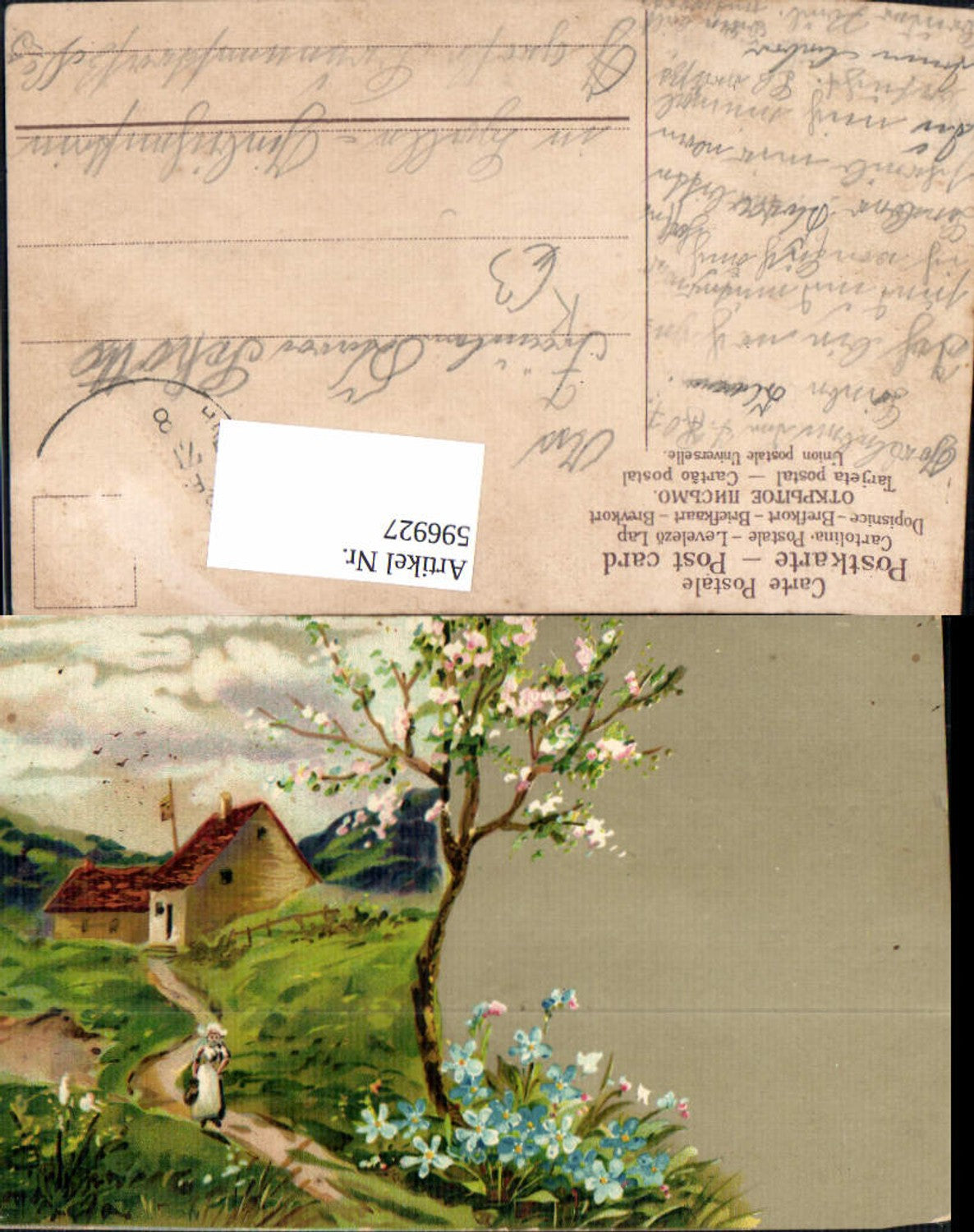 596927,Künstler Ak Mädchen Haus Baum Blumen Vergissmeinnicht