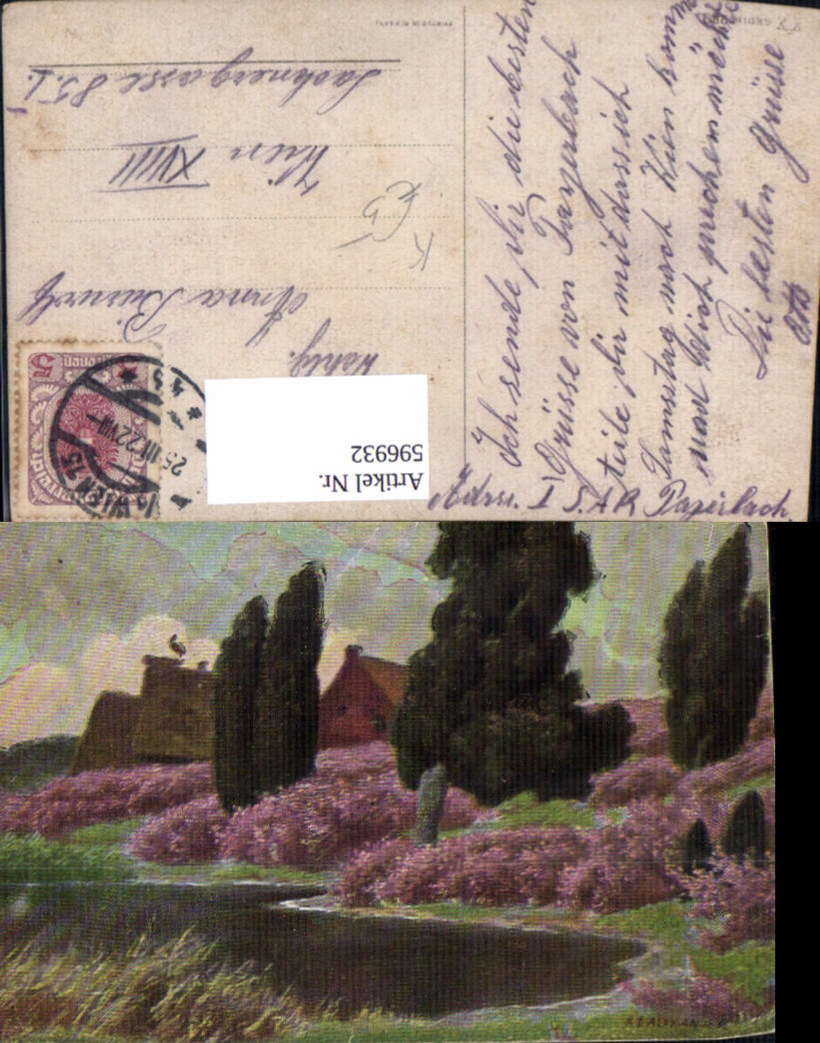596932,Künstler Ak R. E. Alexander Häuser Storch a. Dach Landschaft