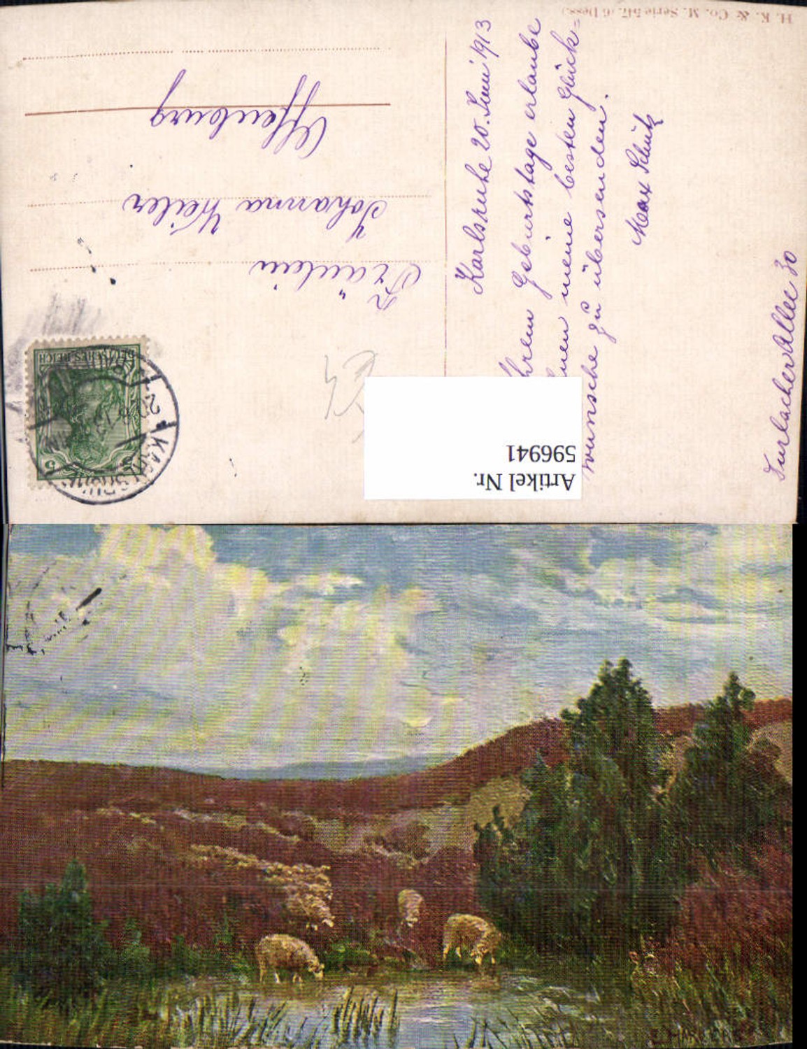 596941,Künstler Ak E. Harleas Schafe a. Teich Heide Landschaft