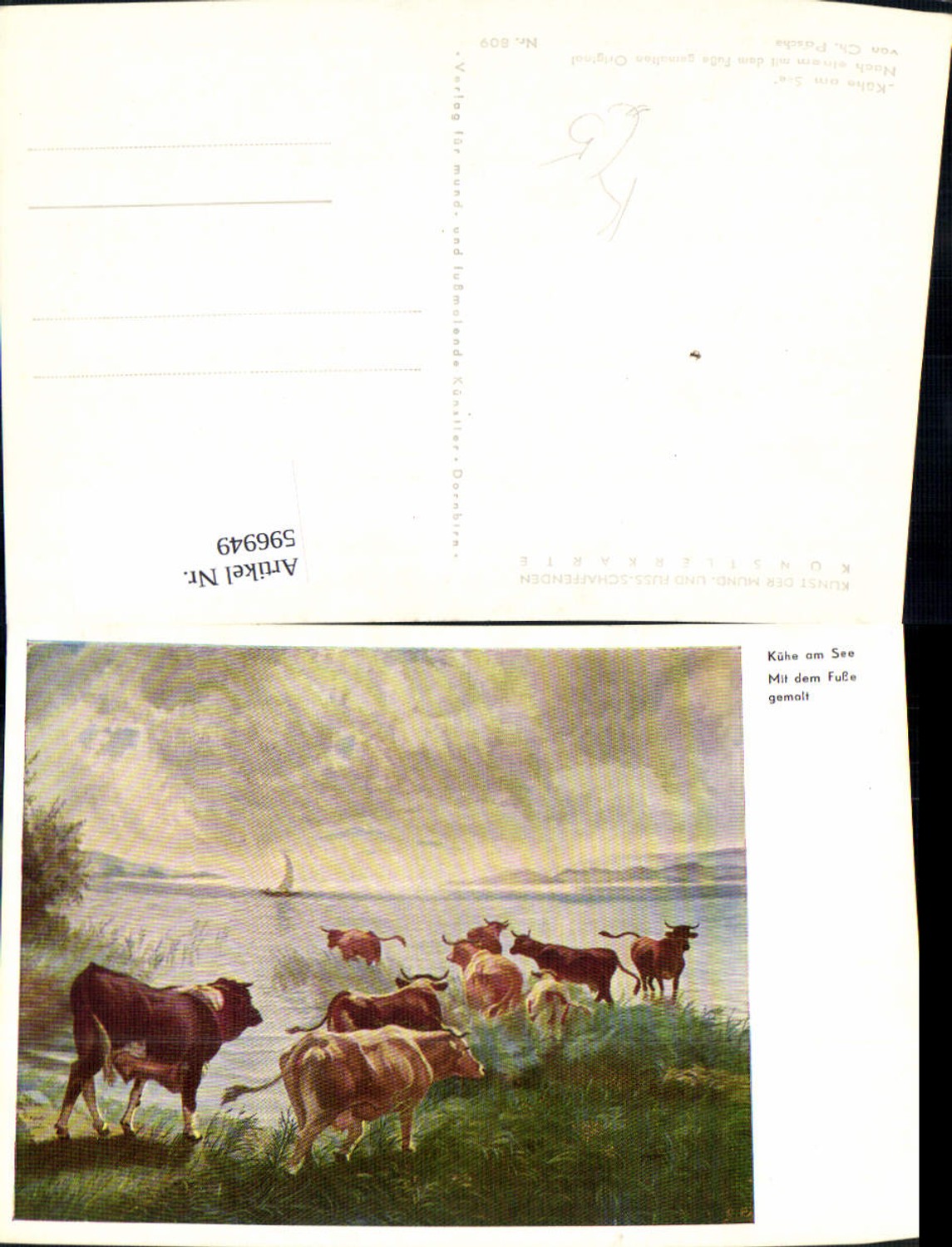 596949,Künstler Ak Fußgemalt Ch. Pasche Kühe a. See