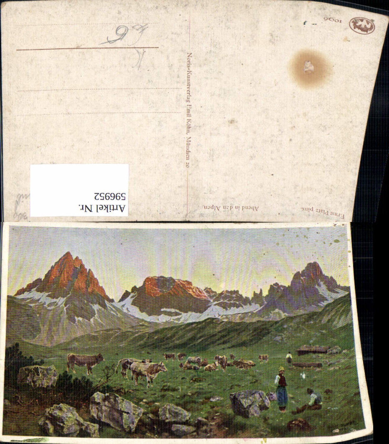 596952,Künstler Ak Ernst Platz Abend i. d. Alpen Kühe Rinder