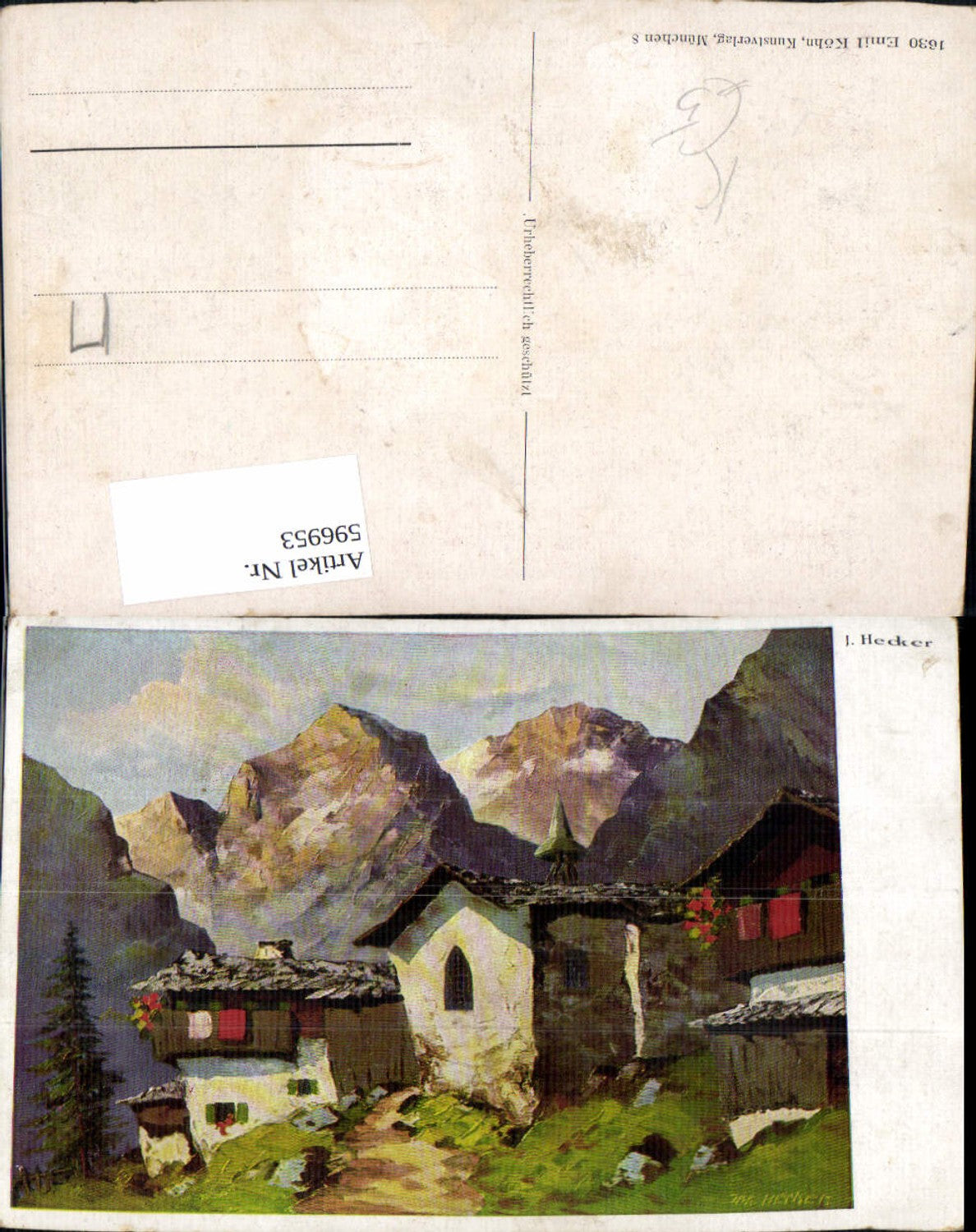 596953,Künstler Ak J. Hecker Kirche Bergdorf Bergkulisse