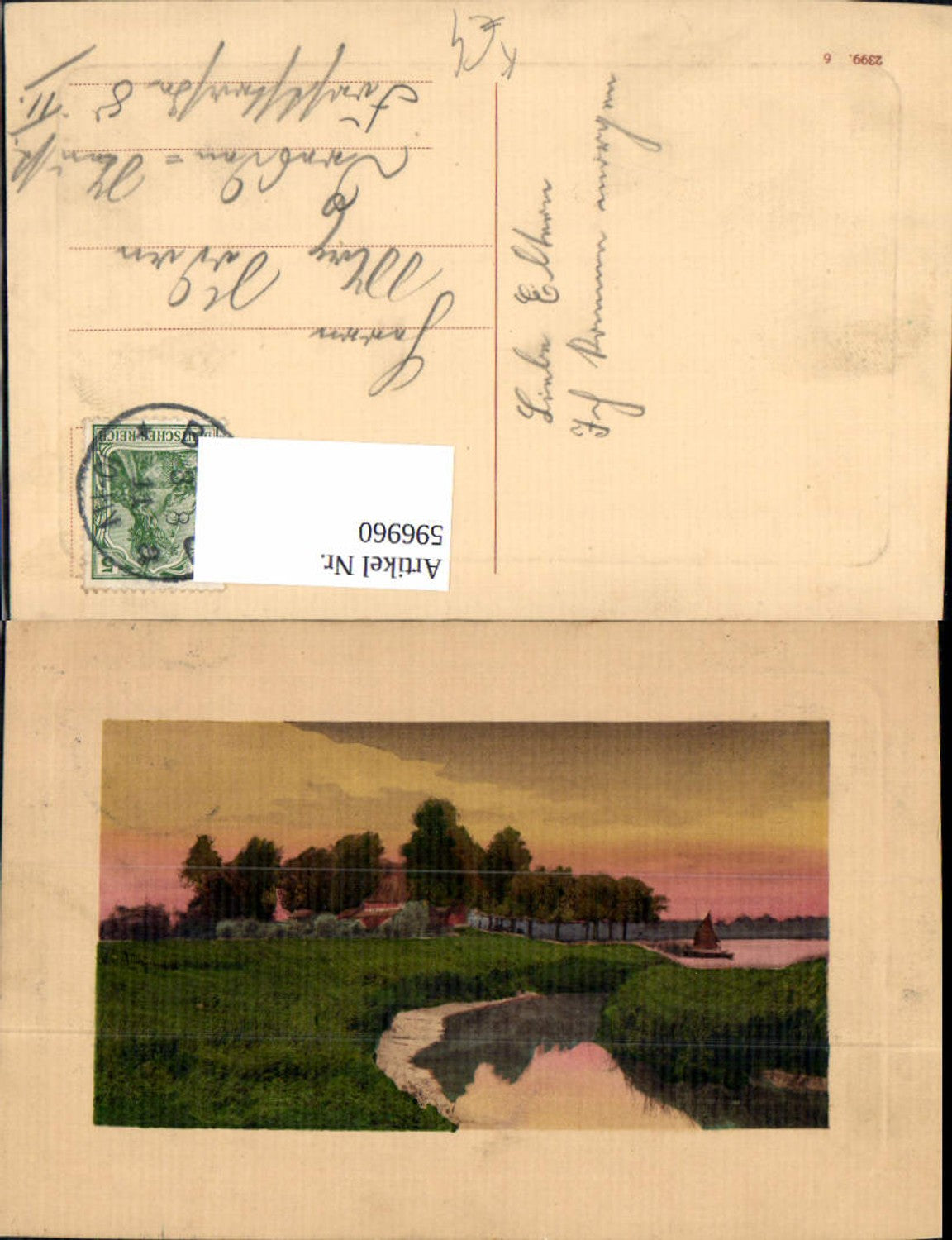 596960,Künstler Ak Segelboot Dorf Landschaft Passepartout