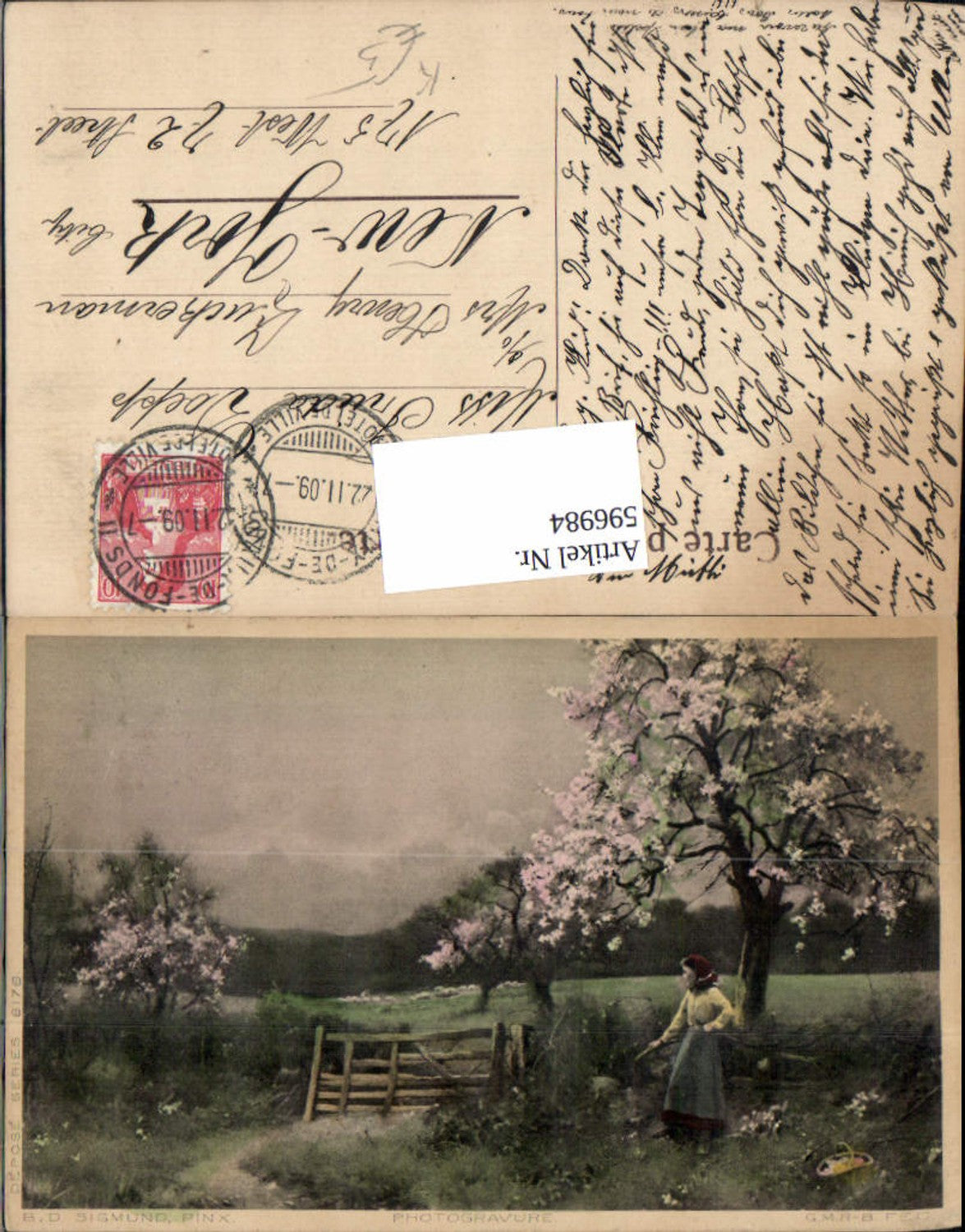 596984,Künstler Ak B. D. Sigmund Frau Zaun Baumblüte Landschaft
