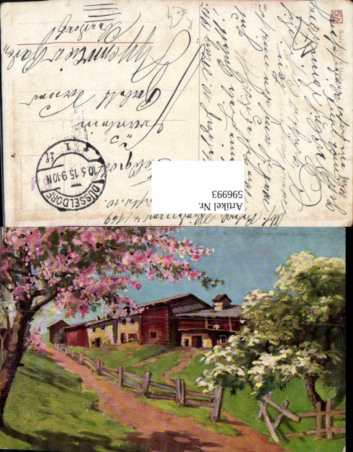 596993,Künstler Ak Dorf Bauernhaus Baumblüte Landschaft