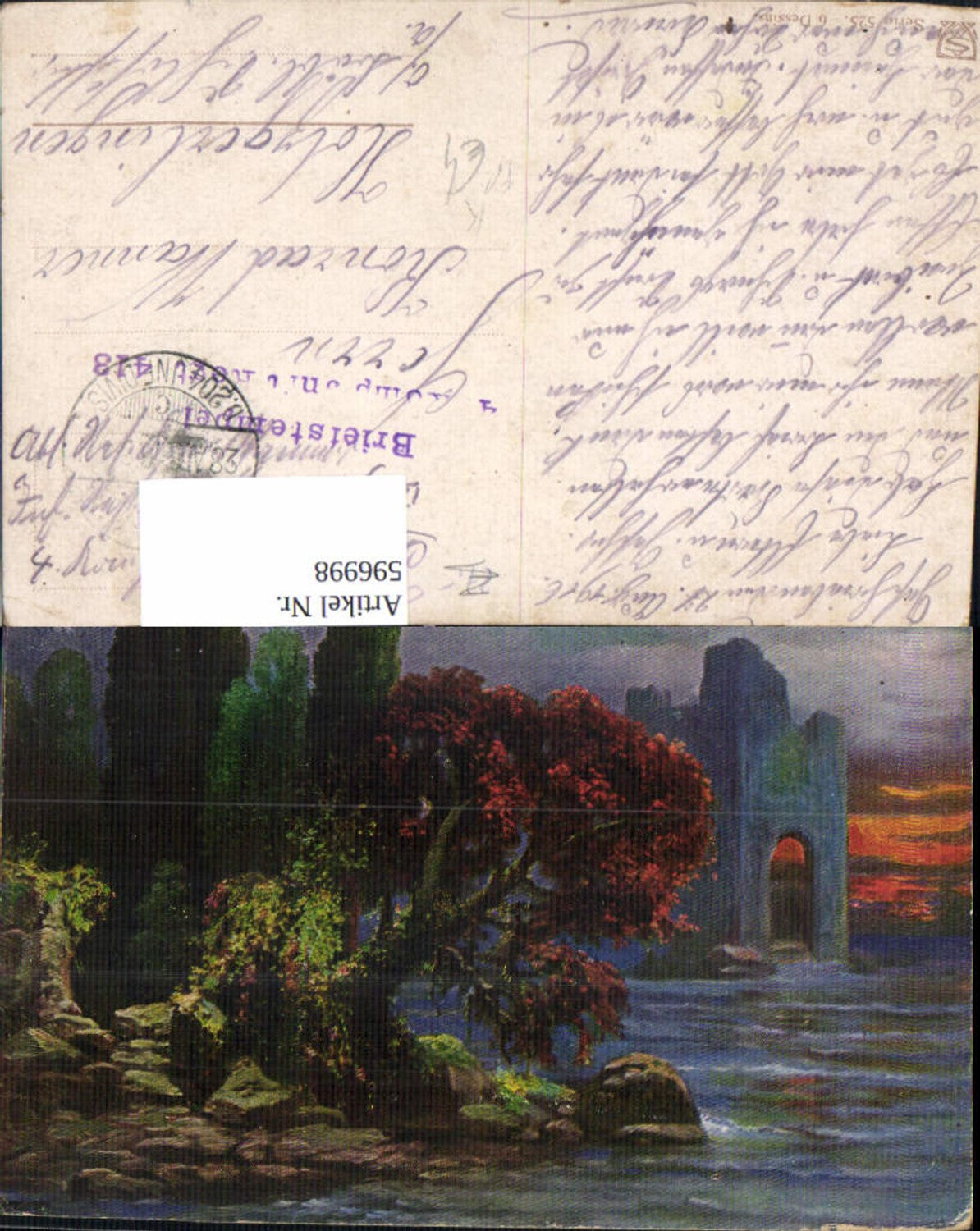 596998,Künstler Ak Ruine a. Ufer Landschaft b. Nacht Feldpost 4 Kompanie Regt. 413