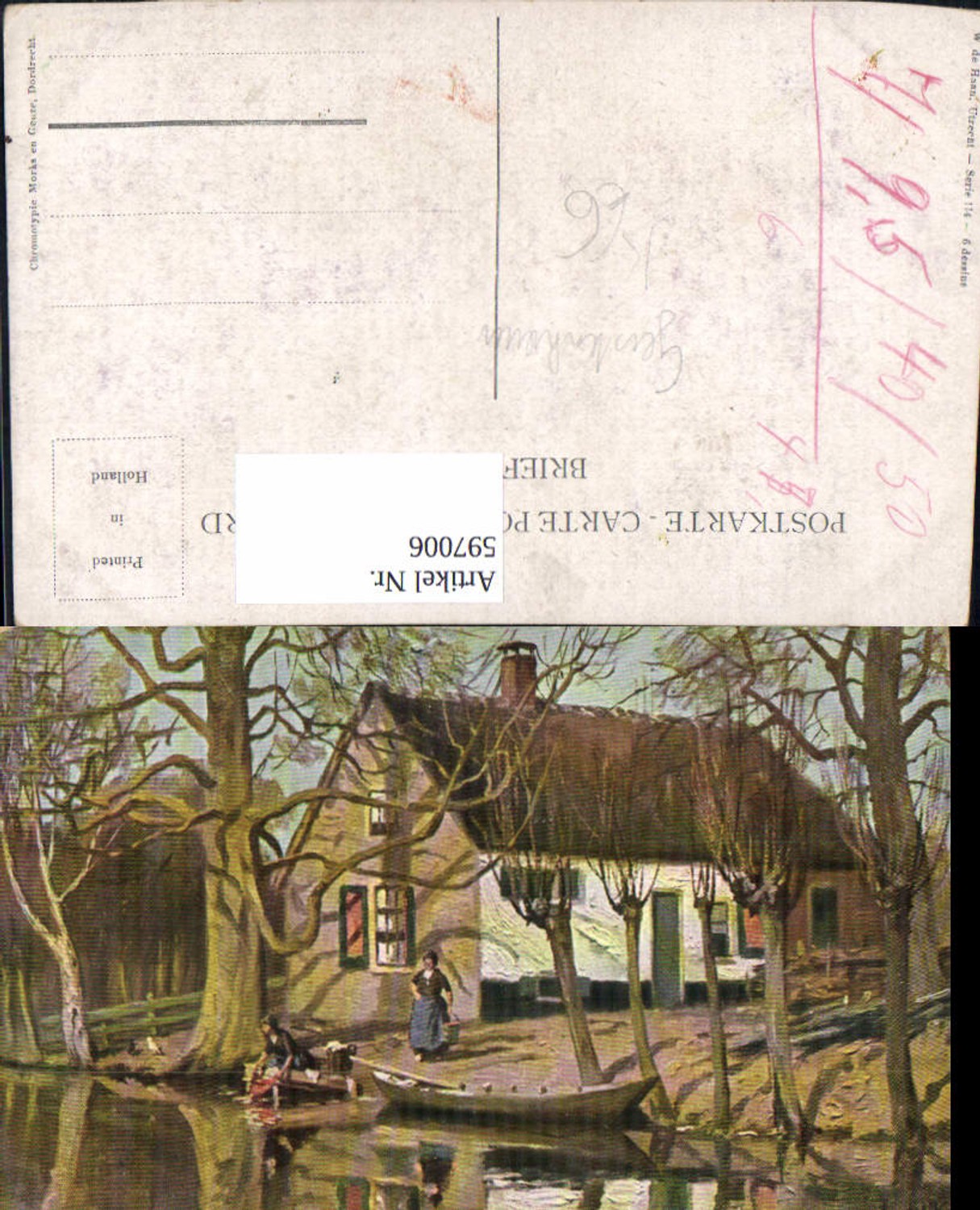 597006,Künstler Ak Gerstenhauer Haus Frau Wäschewaschen a. Fluß Boot Landschaft