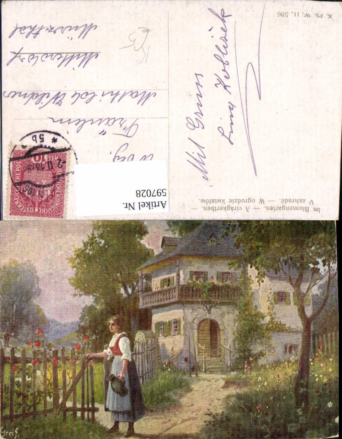 597028,Künstler Ak Greif Im Blumengarten Frau Haus Garten