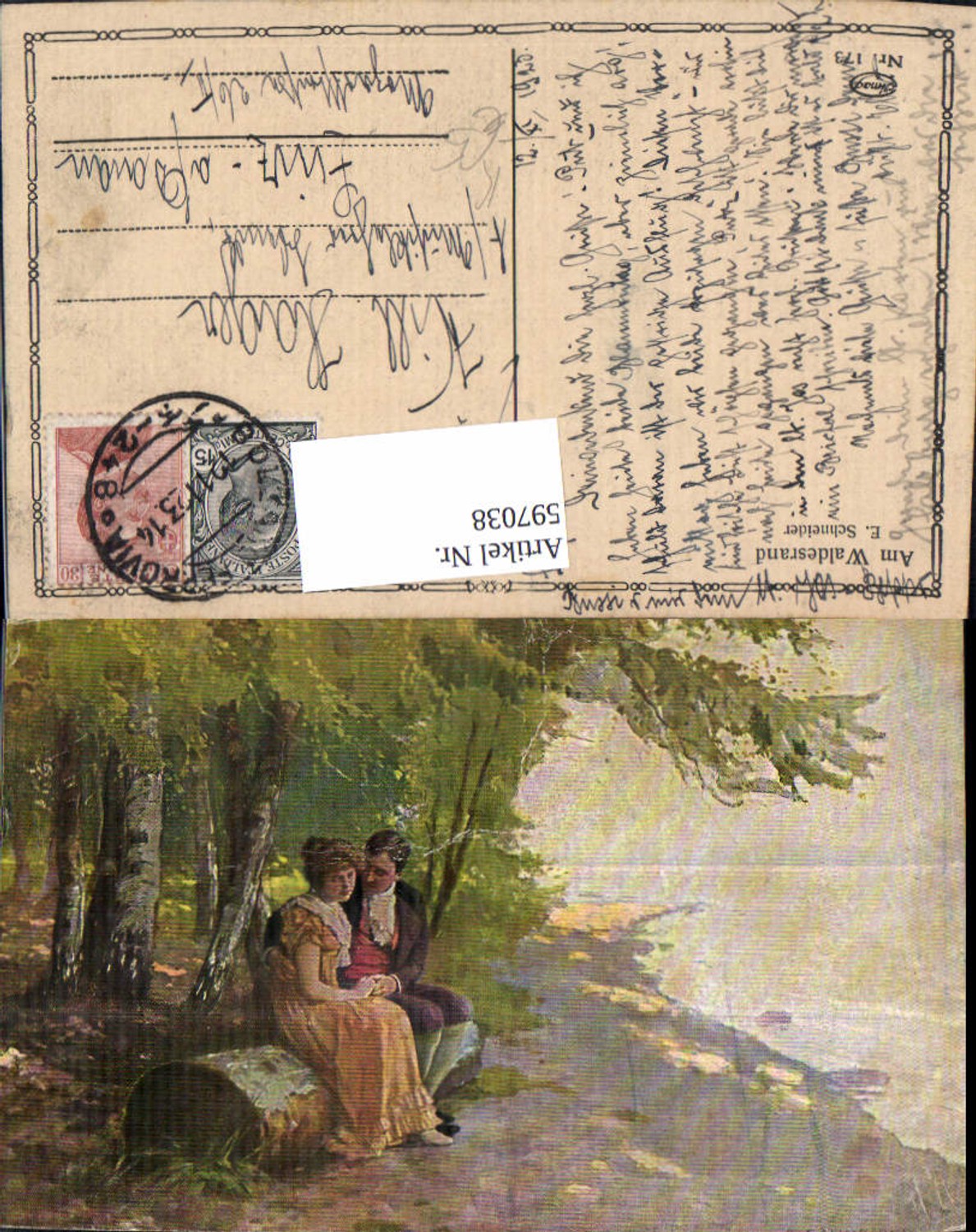 597038,Künstler Ak E. Schneider Am Waldesrand Paar Liebe auf Baum sitzend