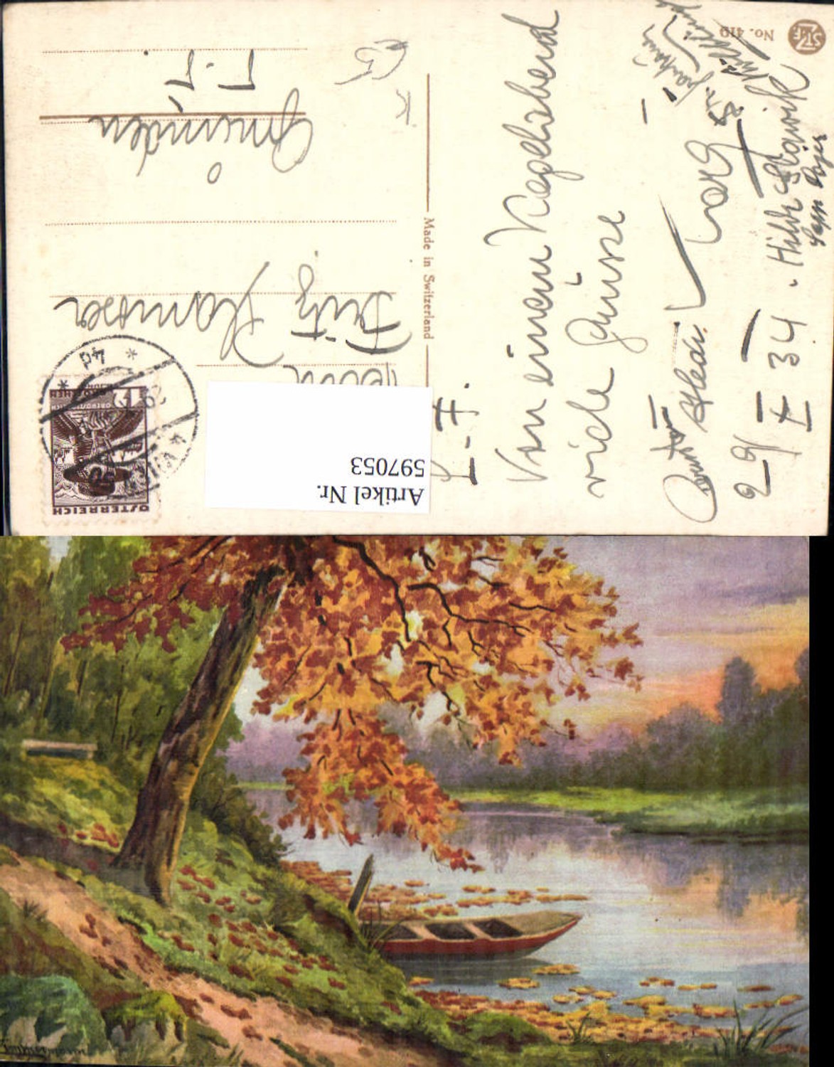 597053,Künstler Ak H. Zimmermann Boot a. Ufer Baum Herbststimmung