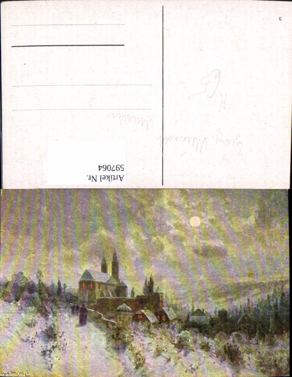 597064,Künstler Ak Georg Meinzolt München Winterlandschaft Dorf Kirche Mond Mondschein