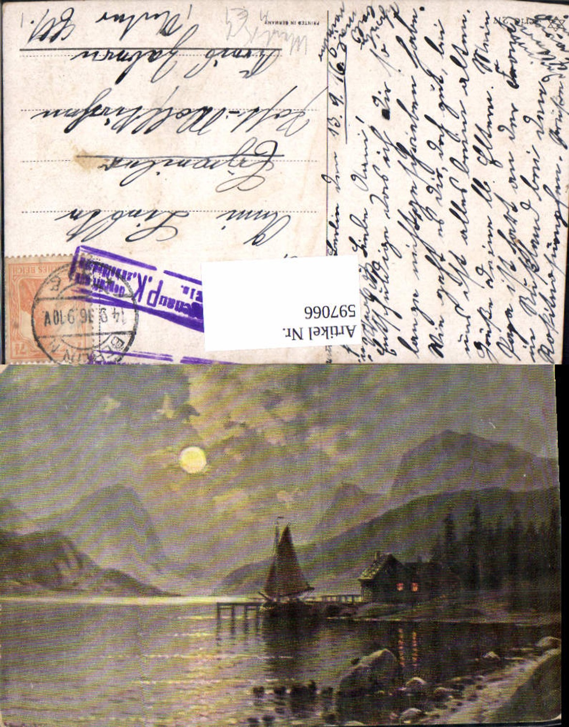 597066,Künstler Ak Segelboot a. Anleger Landschaft b. Mondschein Mond