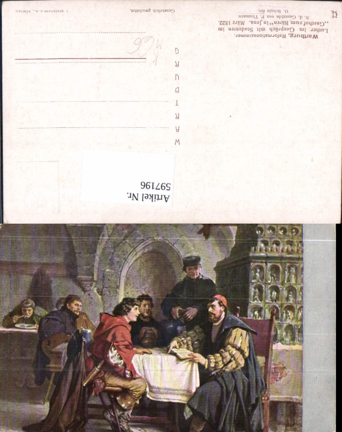597196,Künstler Ak P. Thumann O. Schulz Wartburg Reformationszimmer Luther m. Studenten 1522 Kachelofen