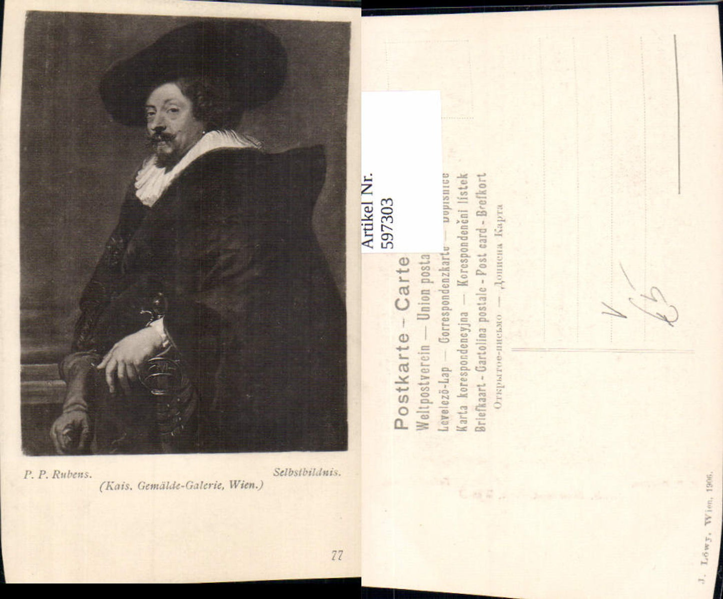 597303,Künstler Ak P. P. Rubens Selbstbildnis Kunst Wissenschaft pub J. Löwy Wien 77