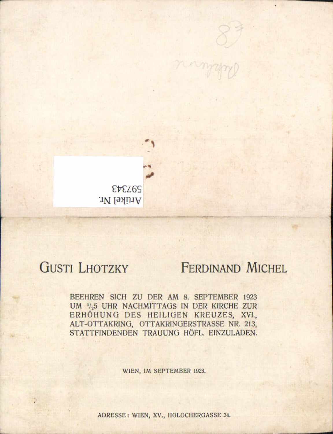 Hochzeitseinladung Gusti Lhotzky Ferdinand Michel Wien Rudolfsheim Fünfhaus 1923 Kunst Wissenschaft