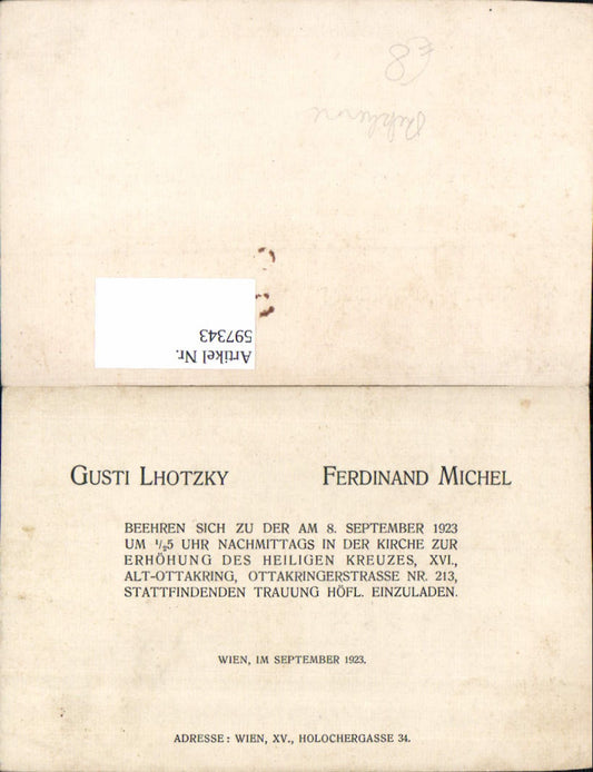 Hochzeitseinladung Gusti Lhotzky Ferdinand Michel Wien Rudolfsheim Fünfhaus 1923 Kunst Wissenschaft