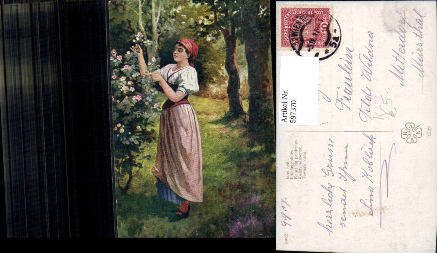 597370,Künstler Ak Jandl Frühlingsblüten Frau Rosen