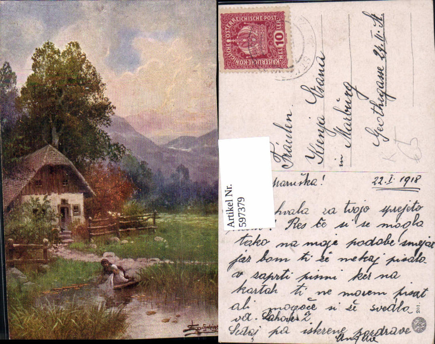 597379,Künstler Ak Schweiger Frau Wäschewaschen Haus Landschaft