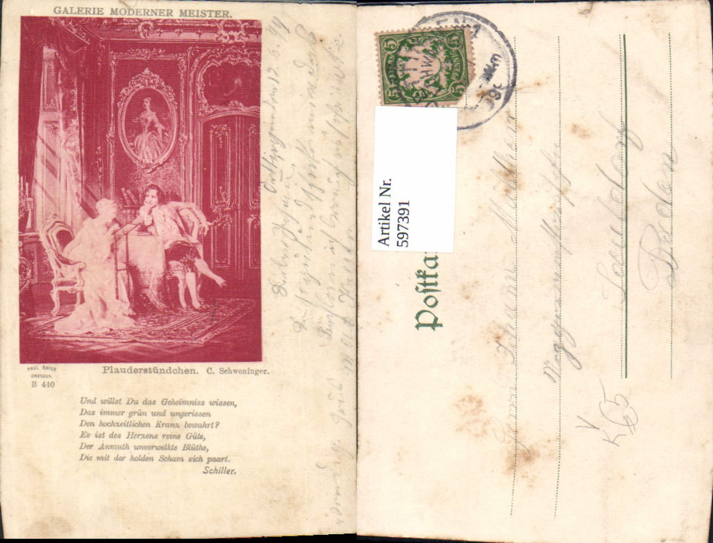597391,Künstler Ak C. Schweninger Plauderstündchen Schiller Text pub Paul Bayer B 440
