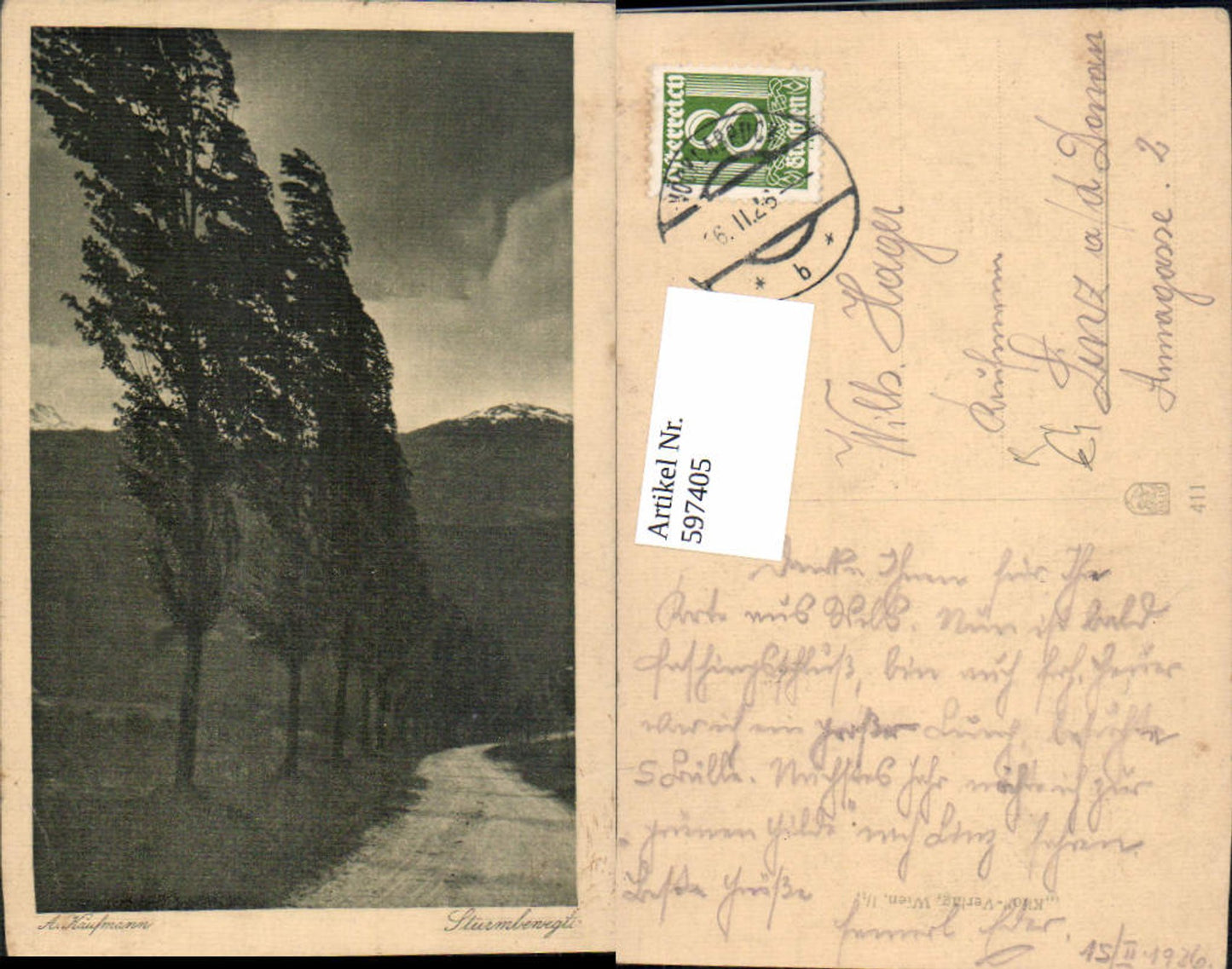 597405,Künstler Ak A. Kaufmann Sturmbewegt Bäume Landschaft