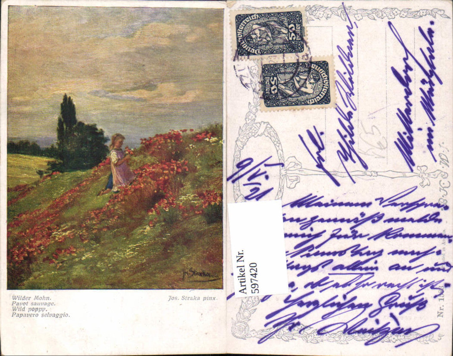 597420,Künstler Ak Jos. Straka Wilder Mohn Blumen Mädchen pub B.K.W.I. 1583