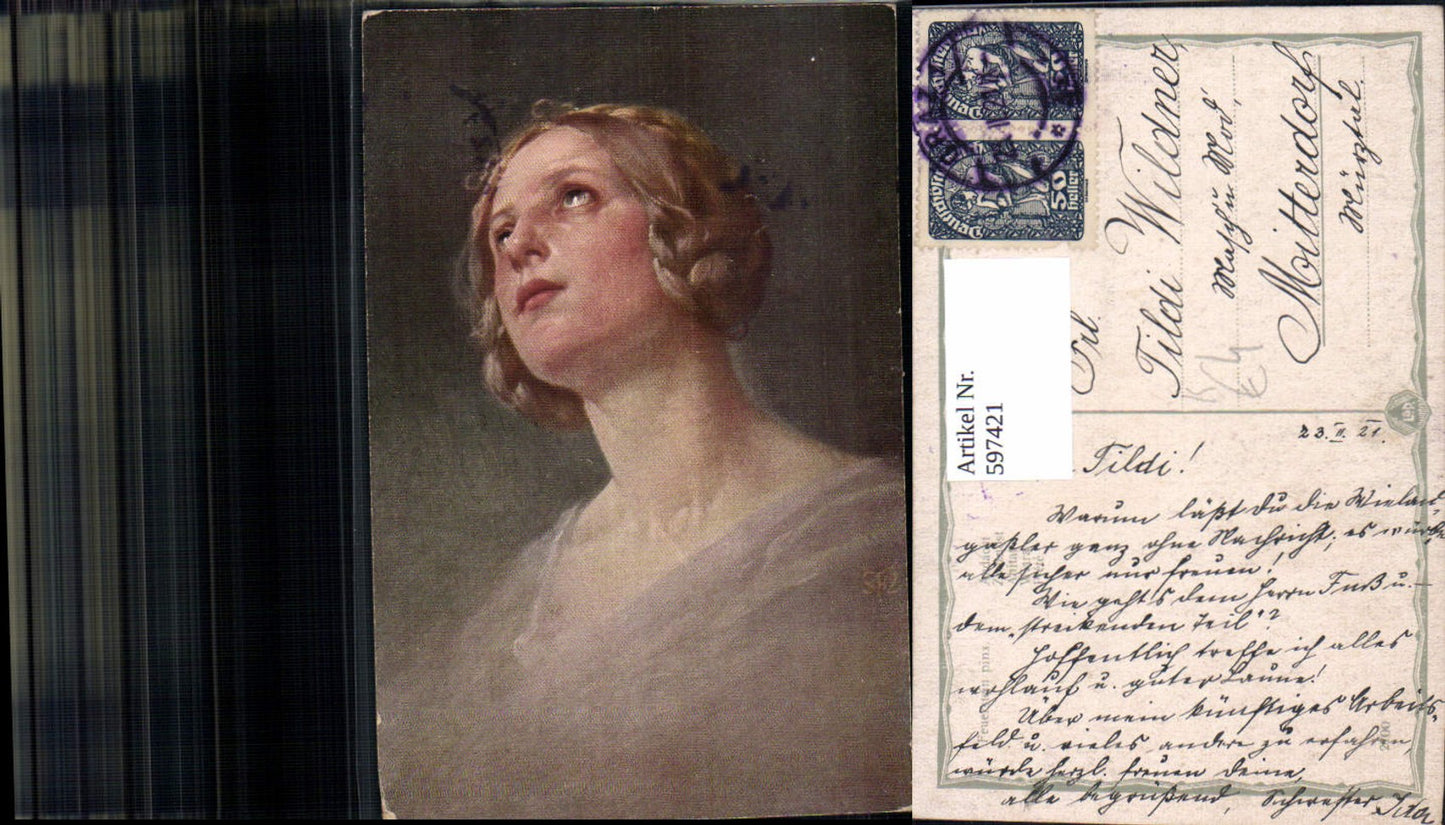 597421,Künstler Ak Feuerstein Andacht Frau Portrait
