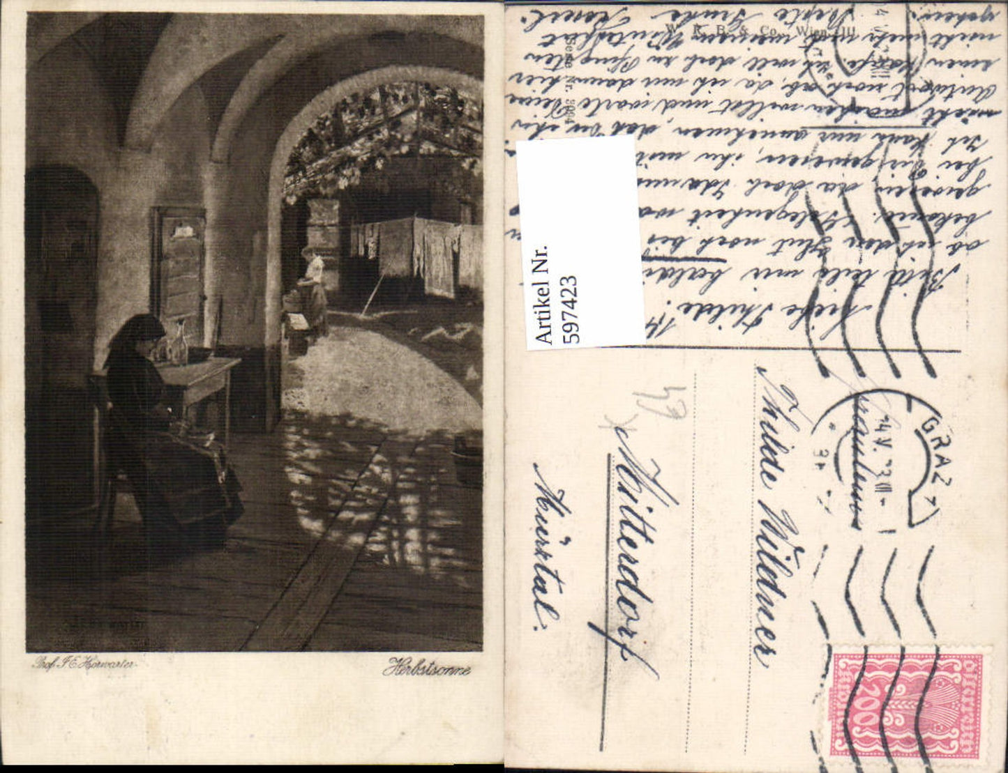 597423,Künstler Ak Prof. J. E. Hörwarter Herbstsonne Frau
