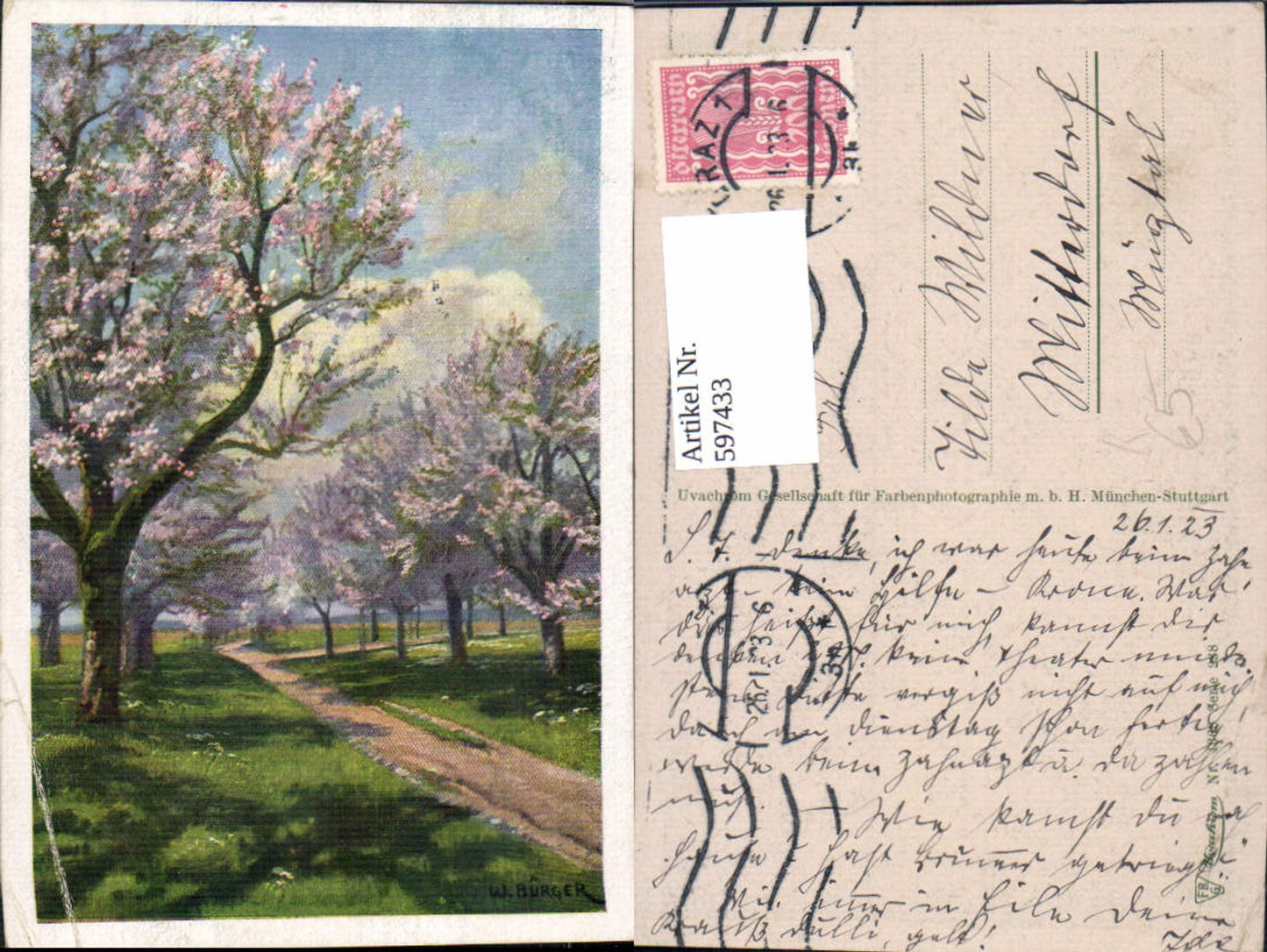 597433,Künstler Ak W. Bürger Baumblüte Landschaft
