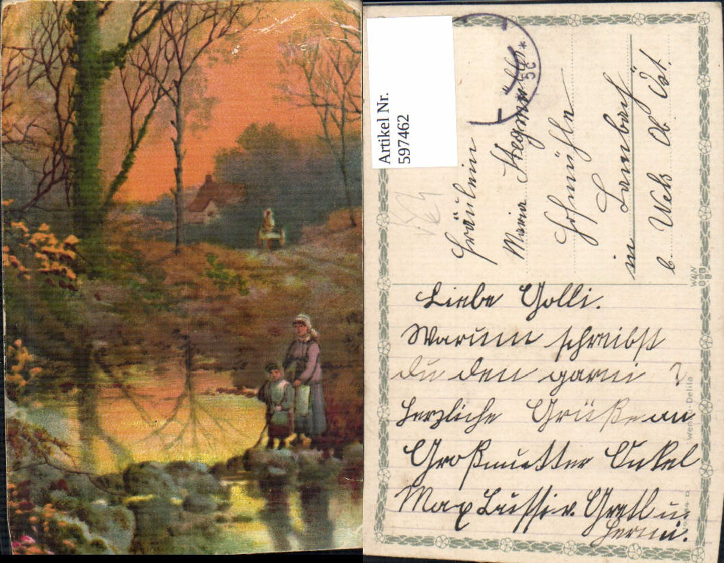597462,Künstler Ak Frau m. Kind Teich Landschaft pub Wenau Delilia 10664D