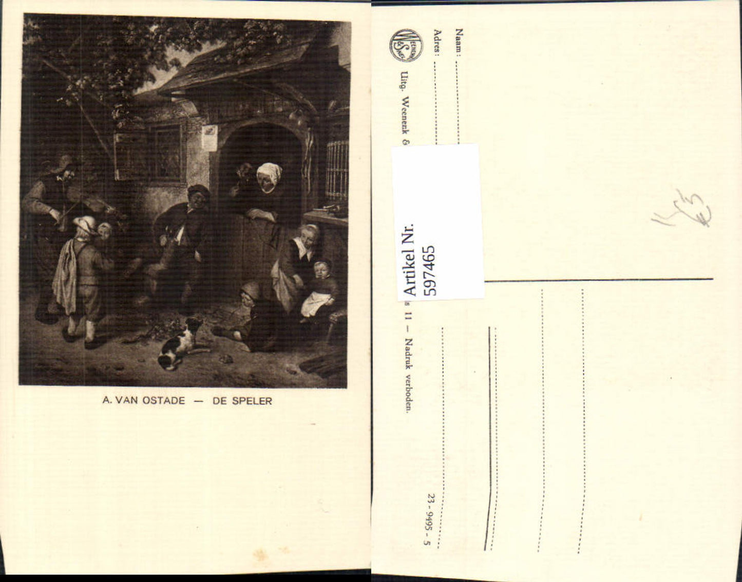 597465, Artist Ak A. Van Ostade De Speler Hund