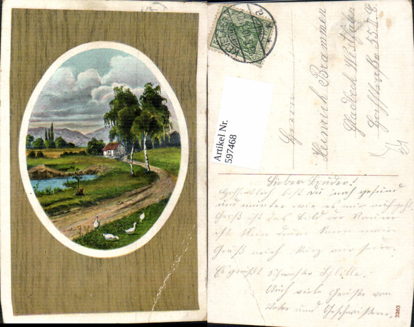 597468,Künstler Ak Wassermühle Mühle Gänse Birken Landschaft Passepartout