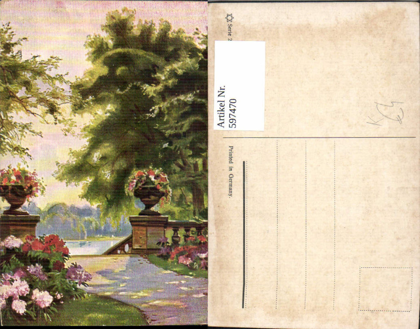597470,Künstler Ak Blumentöpfe b. Stufen Stiegen Park Landschaft