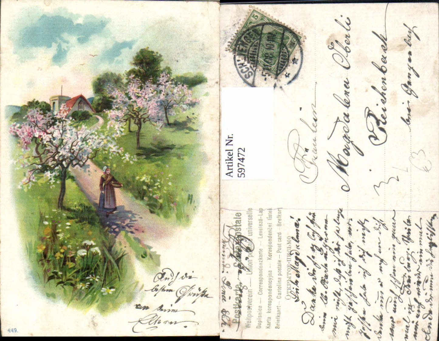597472,Künstler Litho Frau Bäuerin Landschaft