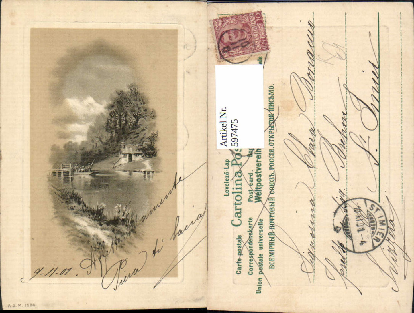 597475,Künstler Ak Boot Landschaft Passepartout