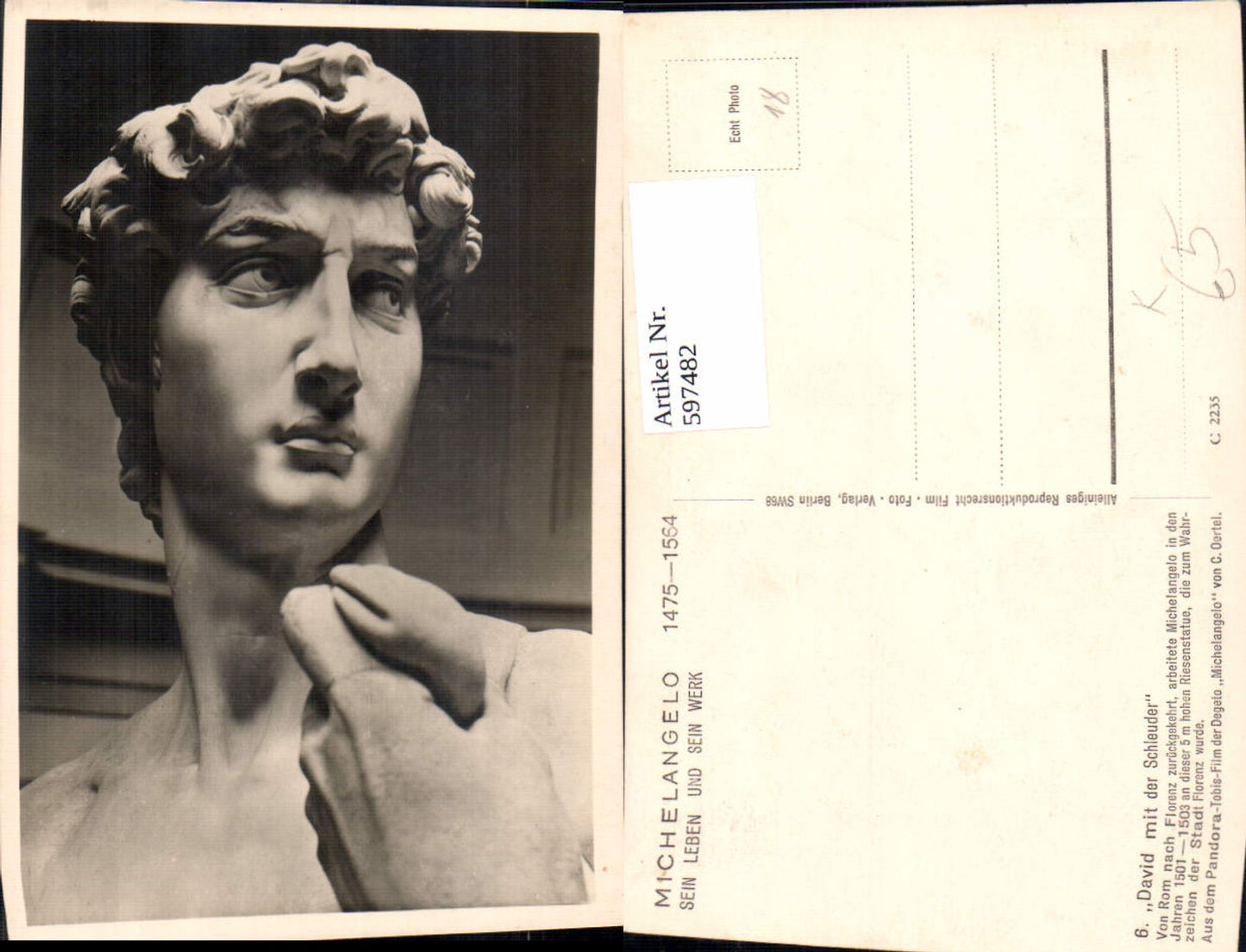 597482,Künstler Ak Michelangelo David m. d. Schleuder