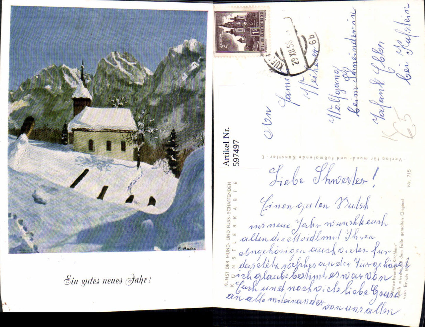 597497,Künstler Ak Fußgemalt Erich Macho Verschneites Kirchlein