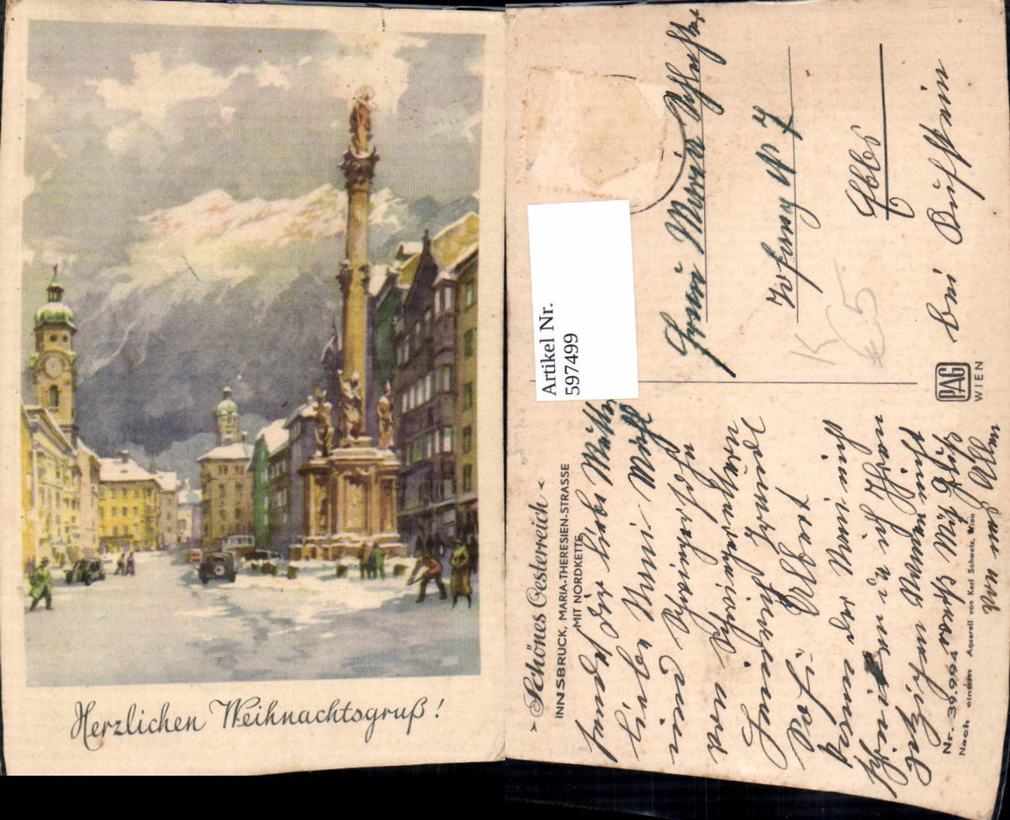 597499, Artist AK Watercolor Karl Schwetz Innsbruck Maria-Theresien-Strasse with Nordkette
